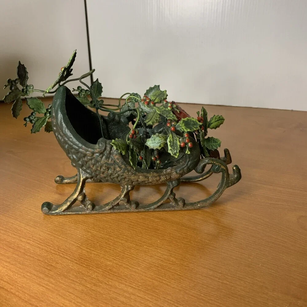 Vintage Cast Iron Christmas Sleigh Candle Holder With Metal Holly